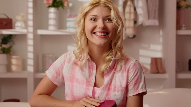 Happy Caucasian teen girl opening gift box in pink bathroom satisfied woman unpacking cardboard parcel looking inside at birthday present delivery surprise festive emotional excited female teenager