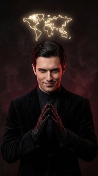 Man in a black suit and gloves clasps hands with a smirk beneath a glowing world map. The moody portrait suggests power, strategy, and global ambition in dark tones.