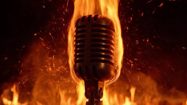 A vintage microphone engulfed in dramatic flames, symbolizing passion.