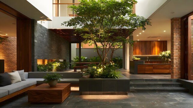 Modern indoor courtyard featuring central tree  stone flooring  wooden furniture  and brick walls under ambient lighting