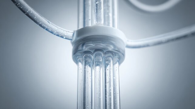 Drip chamber with particles flowing through tubing for immune modulation in macro view