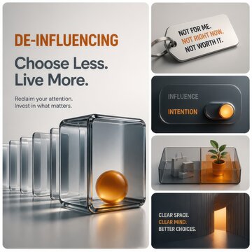 De influencing concept with choose less live more message and minimalist 3D glass blocks