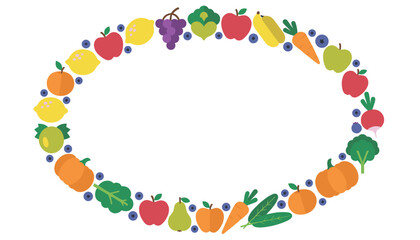 Fototapeta premium Healthy food oval frame made of colorful fruits and vegetables with copy space on a white background.