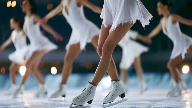 Figure skaters in white costumes glide gracefully across an ice rink during a synchronized performance under bright lights
