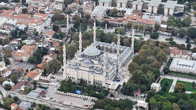 Aerial View of Istanbul's Blue Mosque (Sultan Ahmed Mosque) and Historic Peninsula.