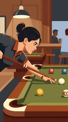 Flat Style Illustration of a Concentrated Young Woman Playing Pool in a Dimly Lit Bar, Aiming Cue Ball with Cue Stick, Pool Balls on Green Felt Table, Copy Space © Caturstudio