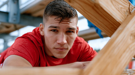 Fototapeta premium High school athlete hiding under bleachers before a championship game, refusing a performance-enhancing substance a teammate is pushing, jaw clenched with conviction, depicting teen peer pressure re