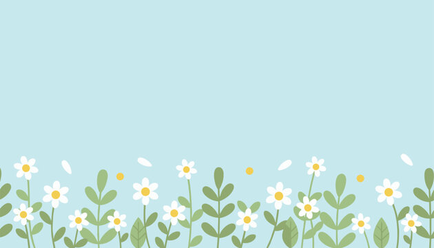 Beautiful spring floral border with white daisy flowers and fresh green leaves over a pastel blue background.