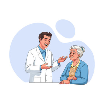 A friendly male doctor in a white coat talking and explaining medical health advice to a smiling elderly senior woman patient during a clinic checkup