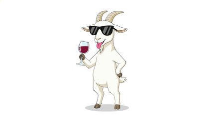 Obraz premium White goat wearing dark sunglasses holding a glass of red wine in a fun celebratory pose against a plain light background.