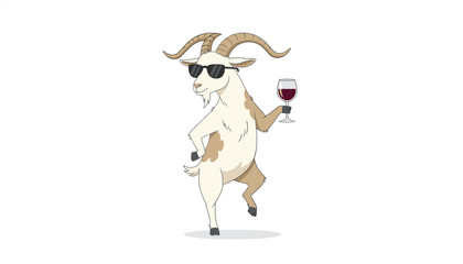 Obraz premium Cartoon horned goat wearing sunglasses posing elegantly while balancing a glass of red wine on a plain minimalist background.
