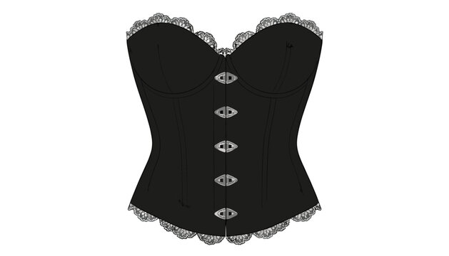 Black corset bodice with delicate lace trim detailing and metal front hook closures for elegant lingerie or vintage fashion wear.