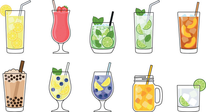 Refreshing Summer Drink and Cocktail Vector Illustration Set Featuring Lemonade Strawberry Smoothie Mojito Iced Tea Bubble Milk Tea sangria and Mason Jar Mocktails