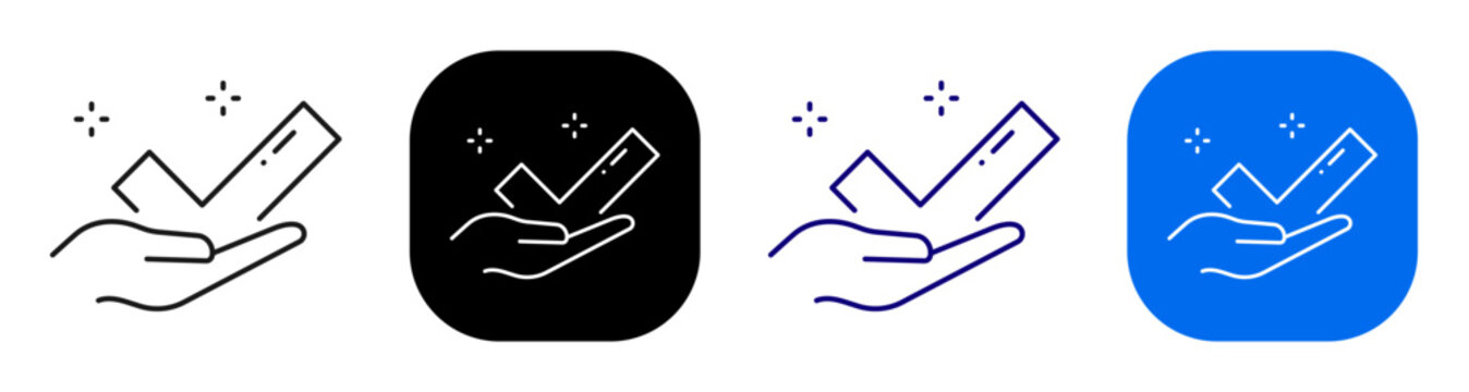 Hand presenting check mark for approval confirmation and successful outcome. Line, filled, black, color set. Editable stroke