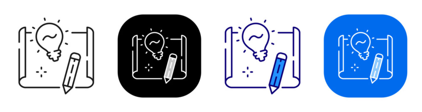 Blueprint plan with pencil and lightbulb for innovation project planning. Line, filled, black, color set. Editable stroke