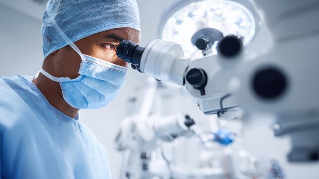 Surgeon inspects eye under operating microscope after cataract surgery