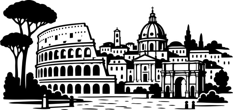 Landmarks of Rome Show the Colosseum, St. Peter's Basilica, and the Arch of Constantine in a Simple Black and White Design With Trees and Buildings in the Background