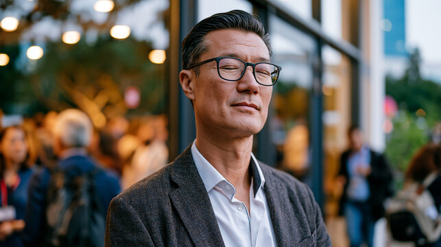 Man waiting alone outside a crowded networking event visible through glass windows, rehearsing his introduction aloud with closed eyes, social anxiety visible in his rigid posture and controlled bre