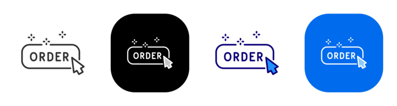 Order button with cursor for checkout purchase ecommerce and shopping action. Line, filled, black, color set. Editable stroke