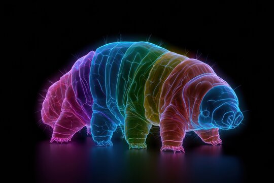 Illustration shows a detailed tardigrade anatomy diagram with neon-colored labels on a dark background.