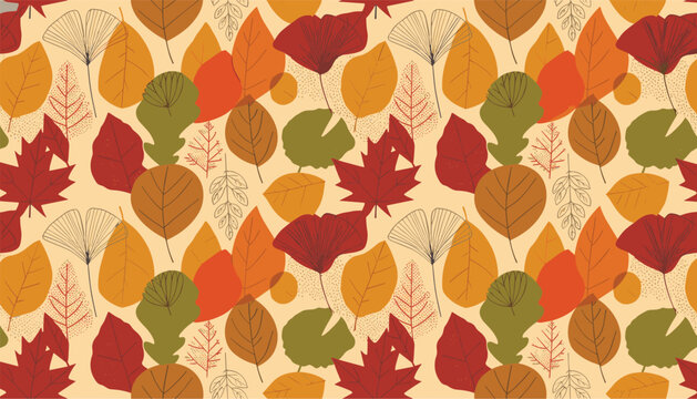 Warm autumn seamless pattern displays a variety of colorful leaves like maple, oak, and ginkgo on cream.