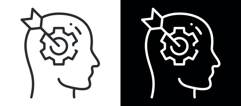 Outline of head with gear and arrow depicting intellectual development icon