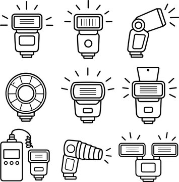 Camera flash and speedlight lighting equipment outline set