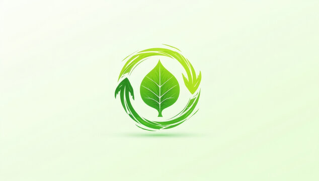 Sustainable Green Leaf Icon With Circular Recycling Arrows Symbolizing Eco Friendly Environmental Protection And Renewable Energy Concept