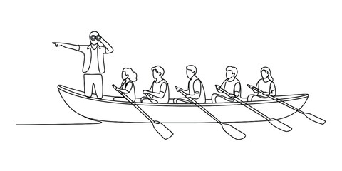 Group of people rowing a boat with a leader pointing © Das