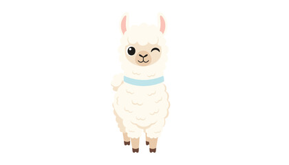 Fototapeta premium Adorable white cartoon llama winking and wearing a blue collar isolated against a simple white background for festive designs.