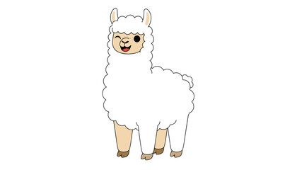 Fototapeta premium Cheerful white cartoon llama laughing and winking with fluffy woolly fur displayed against a plain white background for projects.