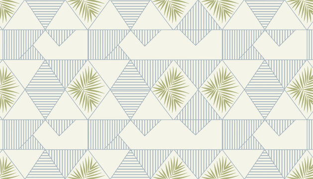 Geometric seamless pattern integrates thin blue lines, structured triangles, and delicate green palm leaves inside diamonds.