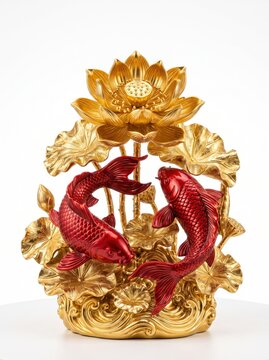 Luxury oriental sculpture of two glossy red koi fish circling beneath a fully bloomed golden lotus flower, surrounded by metallic gold lotus leaves, premium resin craftsmanship