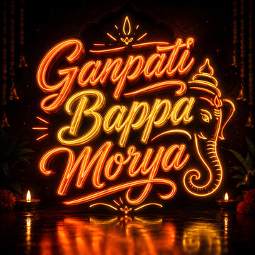 Ganpati Bappa Morya neon lights text art with elephant god and diya lamps.
