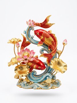 Premium feng shui ornament featuring a pair of vibrant red koi fish with shimmering metallic gold scales swimming among blooming lotus flowers and golden lotus leaves, glossy enamel finish