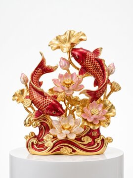 Premium feng shui ornament featuring a pair of vibrant red koi fish with shimmering metallic gold scales swimming among blooming lotus flowers and golden lotus leaves, glossy enamel finish