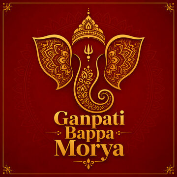 Ganpati Bappa Morya text with ornate golden elephant god symbol on red background.
