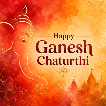 Happy Ganesh Chaturthi festive greeting with ornamental details and temple silhouette.