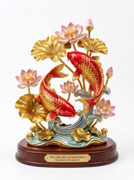Premium feng shui ornament featuring a pair of vibrant red koi fish with shimmering metallic gold scales swimming among blooming lotus flowers and golden lotus leaves, glossy enamel finish