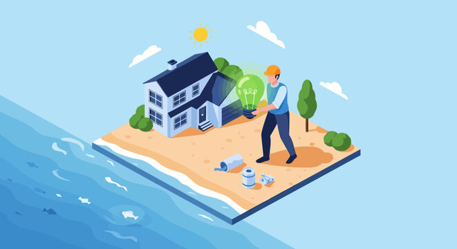 Man working on a house near the water isometric view.
