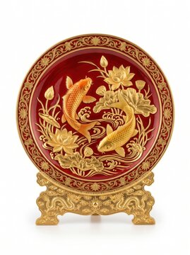 Museum-quality oriental collectible featuring two realistic koi fish surrounded by golden lotus flowers, rich glossy red enamel, metallic gold accents, isolated on pure white background