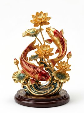 Luxury feng shui koi sculpture with elegant lotus pond design, premium metallic gold lotus leaves, glossy enamel fish, soft studio lighting, isolated on pure white background