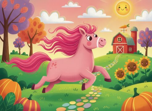 Playful pink pony running through a vibrant autumn landscape with pumpkins, flowers, and a cheerful sun
