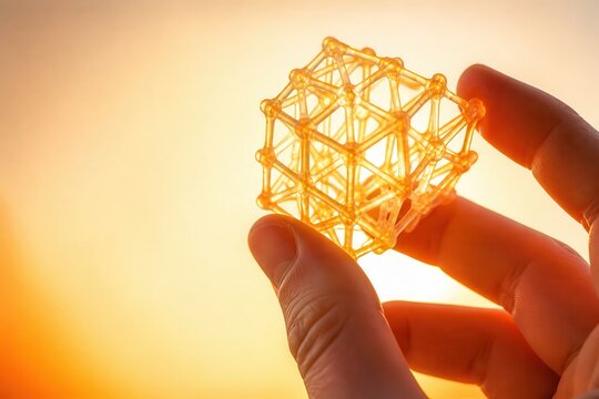 Innovation concept with glowing lattice cube held between fingers