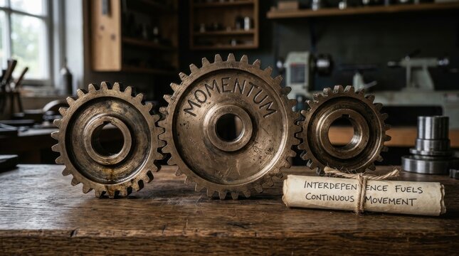 Three vintage gears with the word Momentum engraved