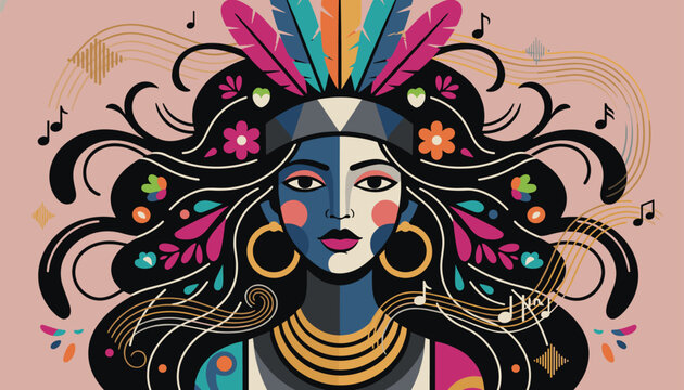 Vibrant graphic illustration of a native indigenous woman wearing a colorful feather headdress amidst floating music notes.