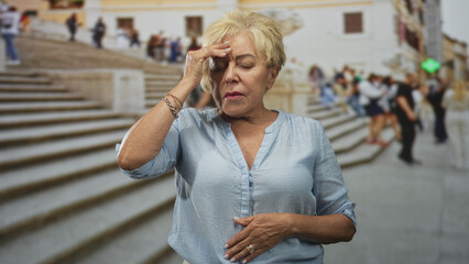 Fototapeta premium Elderly woman covers mouth with hand and touches forehead while standing on street steps; dizziness health.