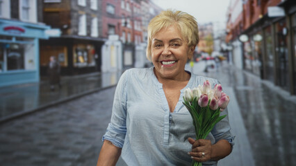 Fototapeta premium Woman holding a bouquet of tulips and smiling, wearing a blue blouse and ring on her hand, standing on a wet cobblestone street; joy celebration.