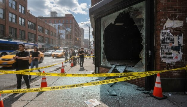 A shattered storefront window is cordoned off with yellow caution tape and orange traffic cones on a city sidewalk following building facade damage and repair