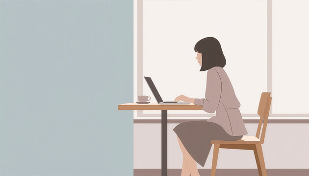 Minimalist flat illustration of a woman working on a laptop at a cafe window seat with copy space